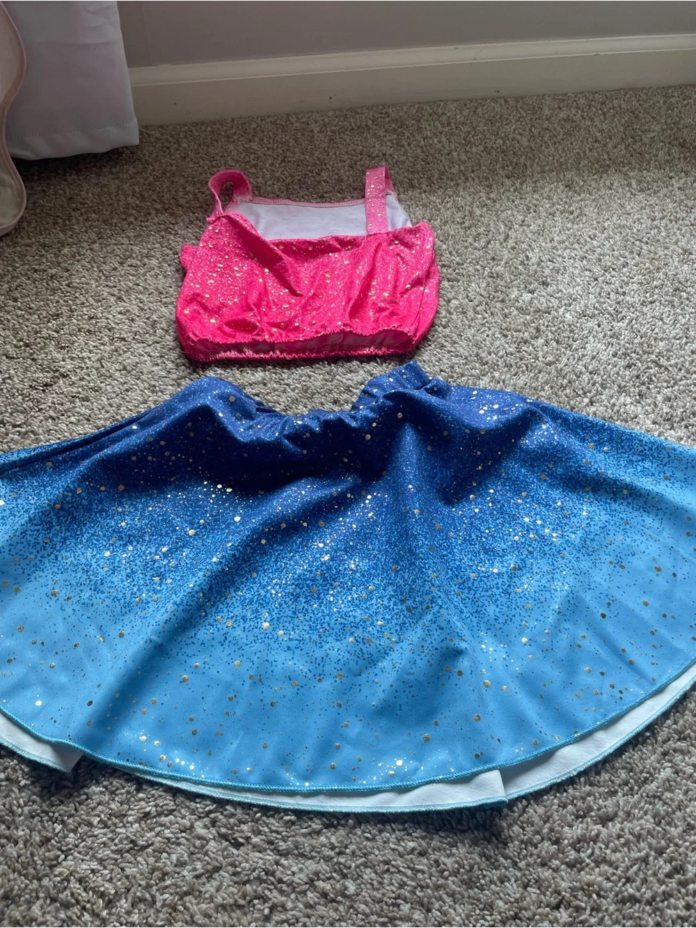 Girls Sparkle Pink Crop Top and Blue Glitter Skirt Costume Set